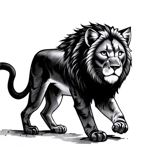 House Cat With A Lion Walking Behind Him