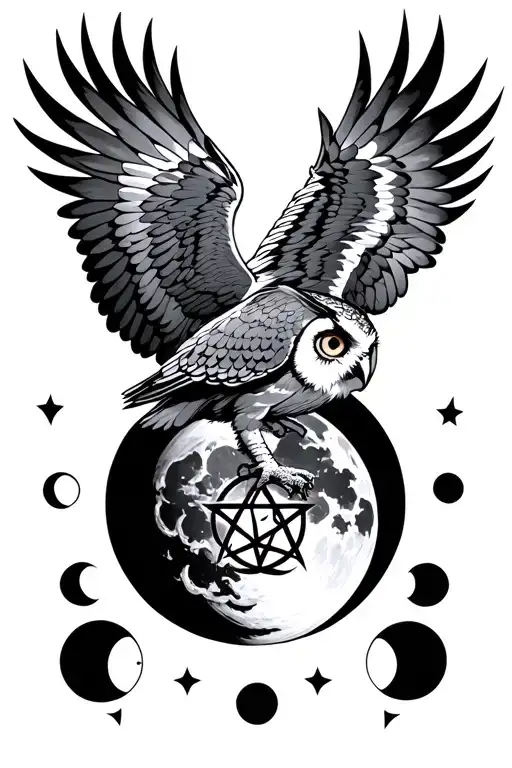 Flying Owl Whit Pentagram In Claws Front Of Moon Phases
