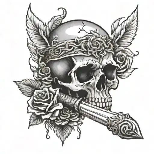 Skull With A Knife On Eye And Roses On Fire Rising