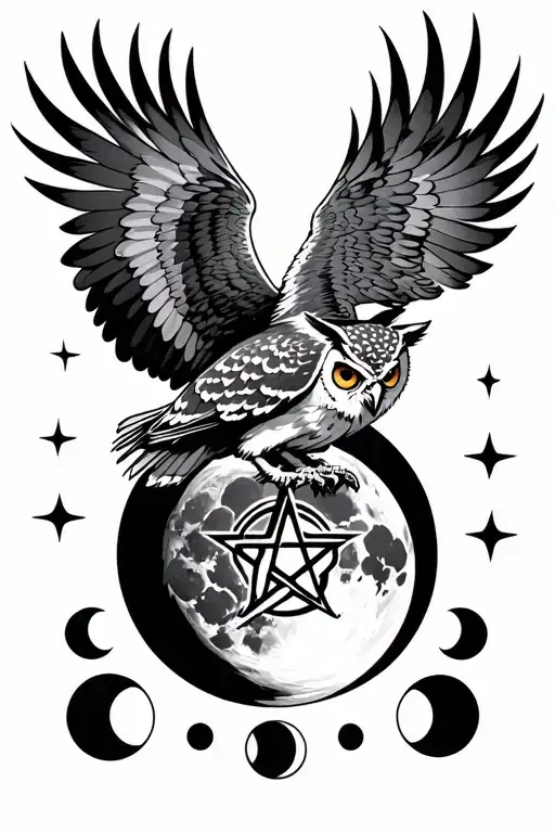 Flying Owl Whit Pentagram In Claws Front Of Moon Phases