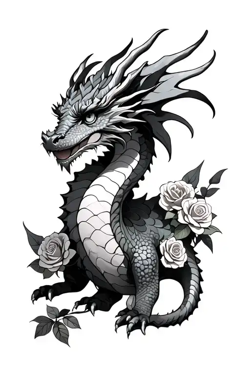 Dragon With Roses And Ribbon Wrapped Around Horns
