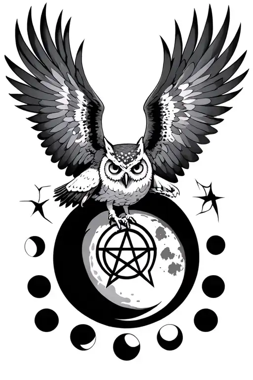 Flying Owl Whit Pentagram In Claws Front Of Moon Phases