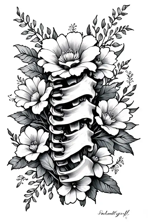 Spine Tattoo With Flowers And Quote