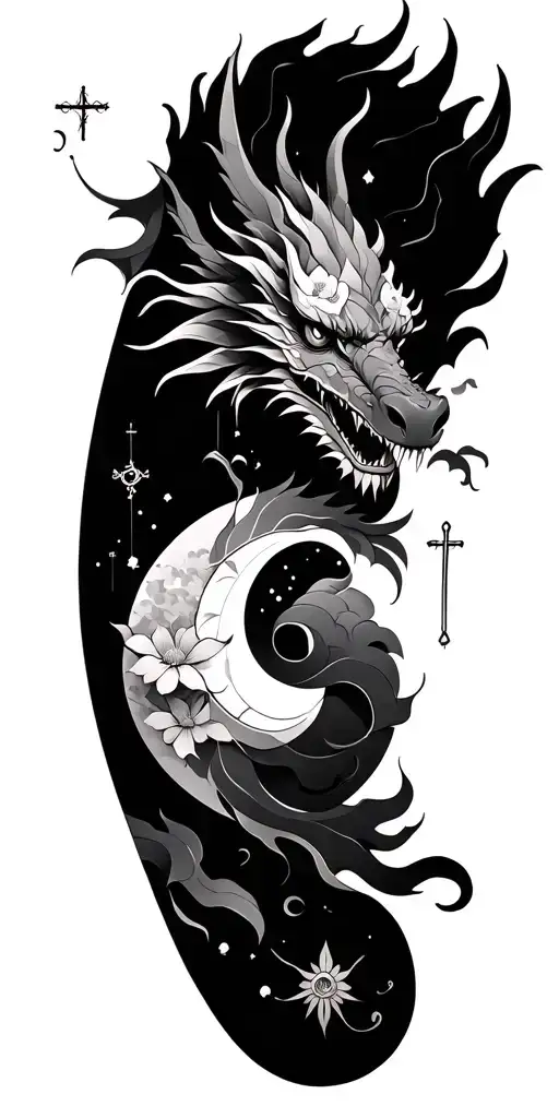 Dragon And Sun And Moon And Clouds And Cross Incorporated And Flowers And Geometric