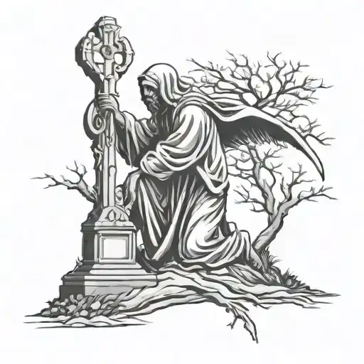 The Reaper Up Side The Tree And Jesus Kneeling In A Cemetery
