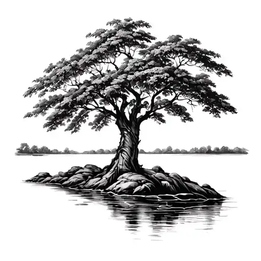Black And White Mango Tree With A River Flowing Around The Base Of The Trunk