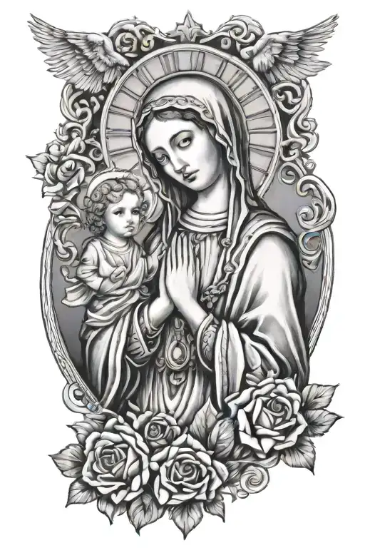 Virgin Mary With Angle And Sacarte Heart Tattoo Design