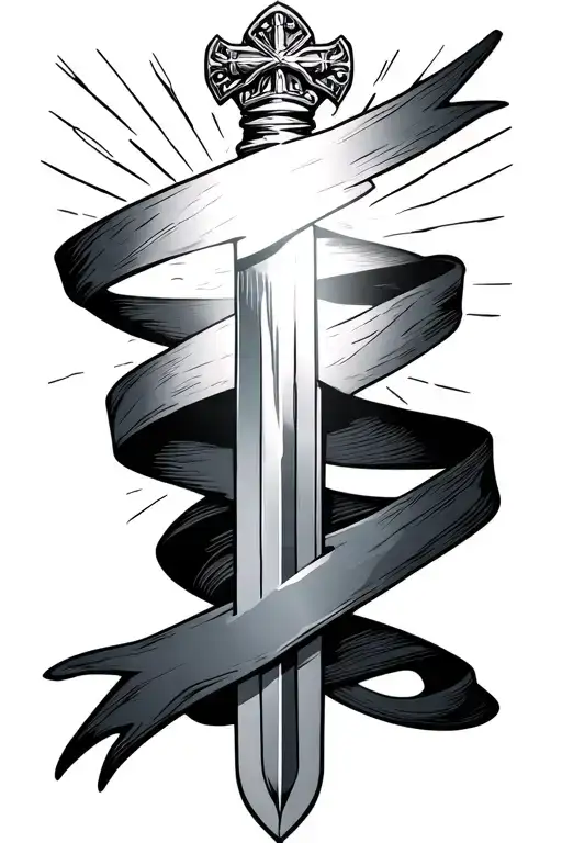 Sword With Banner Wrapped Around Light Rays Radiating Behind Christian