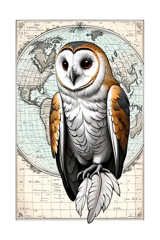 Barn Owl With Three Dropped Feathers And Antique World Map Back Ground