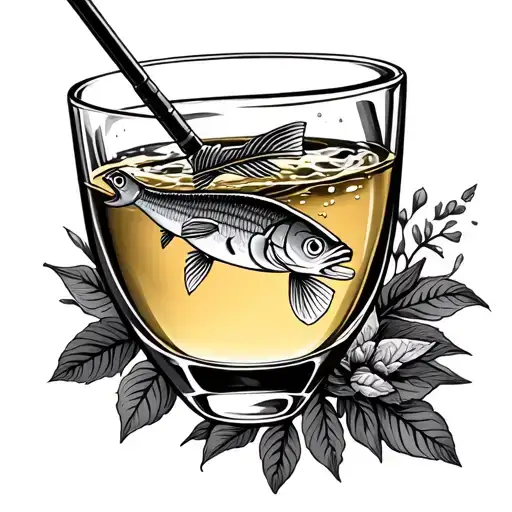 A Glass Of White Wine And A Fishing Rod That Fishs In The Glass
