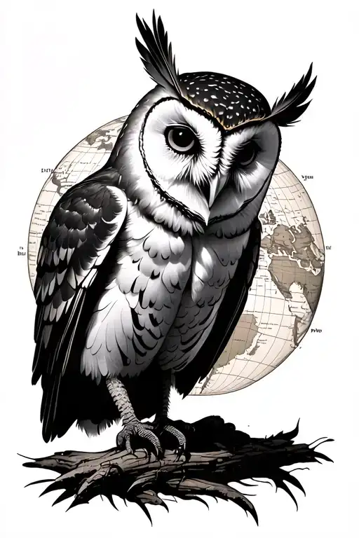 Blck And White Barn Owl With Three Dropped Feathers And Antique World Map Back Ground