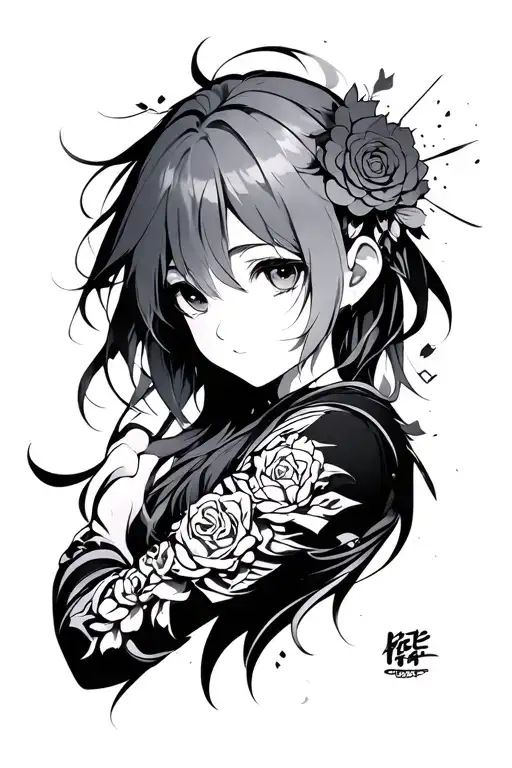 A Anime Arm Tattoo Design In Black And Grey