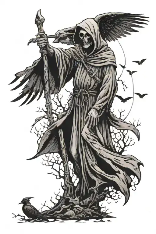 Grim Reaper In Grave Yard With Crows And Mood In Background