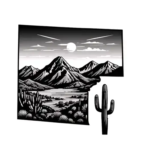 Arizona State Outline With Mountains And Cacti