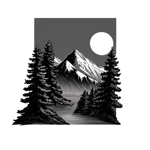 Mountains With Pine Trees And Sun Setting