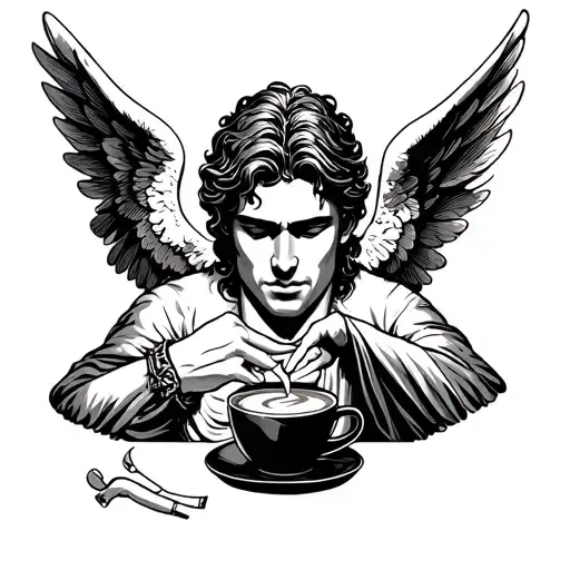 Male Angel With Cigarettes And Coffee Fine Line