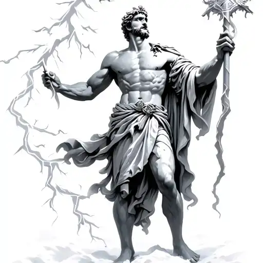 Greek God Zues Looking Up From Ground Holding Lightning Staff