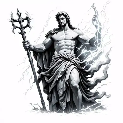 Zues Greek God Holding Staff With Lightning