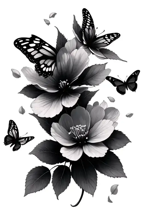 Cherry Blossom Petals With Butterflies Flying