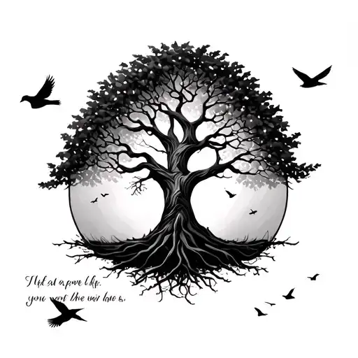 Tree Of Life With Birds Flying Away And A Quote Written