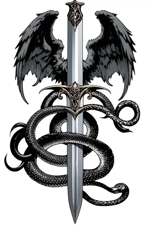 Sword With Snake Wrapped And Devil And Angel Wings On Sides