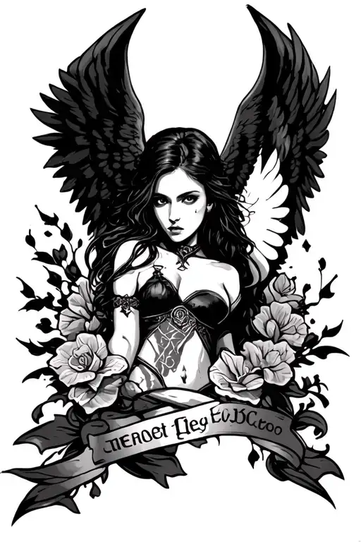 Front Of Leg Tatto With A Dark Angel Vibe