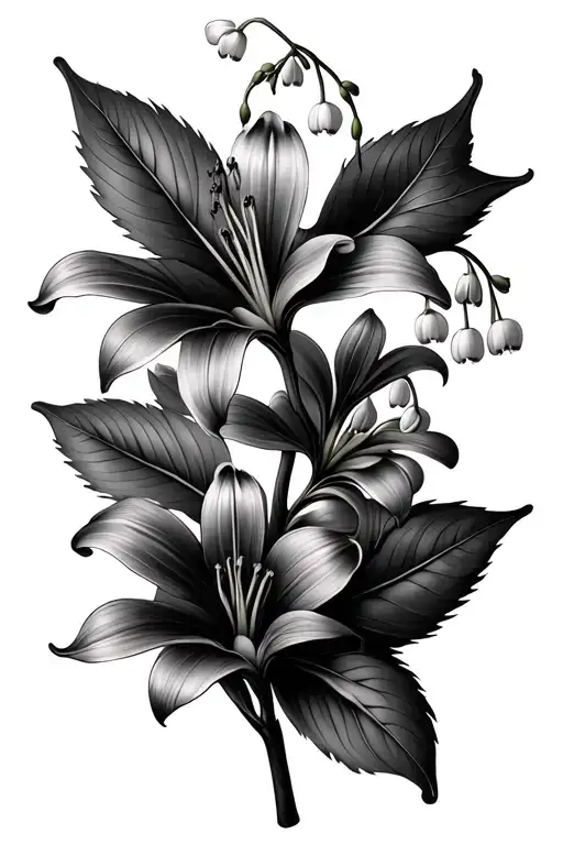 Lily Of The Valley And Hawthorn Flowers And With Flowy Organic Leaves