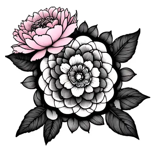 Simple Mandala With 2 Lines With 4Cm Space Between The Lines Then 2 Flowers Above A Pink And A Peony