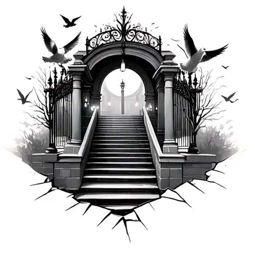 Stair Case Cracked Gates Doves Flying And Lights