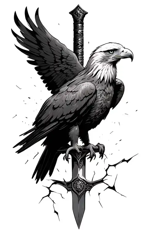 Eagle Perched On Cracked Sword