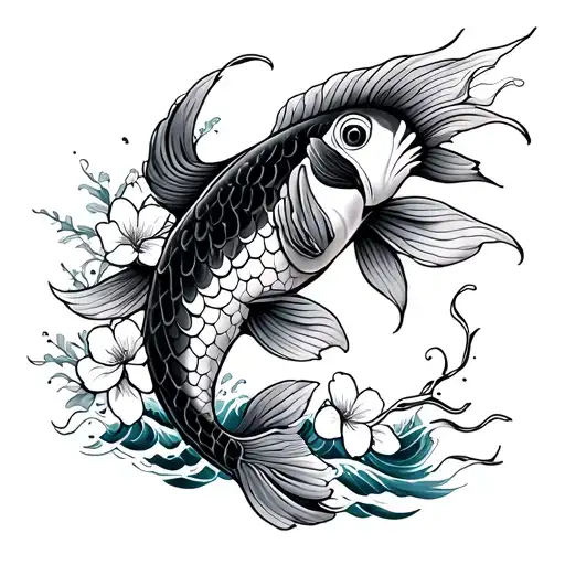Koi Fish Tattoo With Waves And Cherry Blossoms