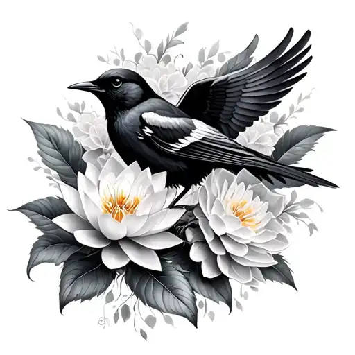 Red Wing Black Bird With Hydrangea And Lotus Flower