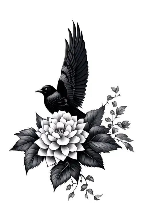 Red Wing Black Bird With Hydrangea And Lotus Flower With Vines