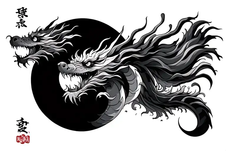 Japanese Dragon And Sun And Water Waves