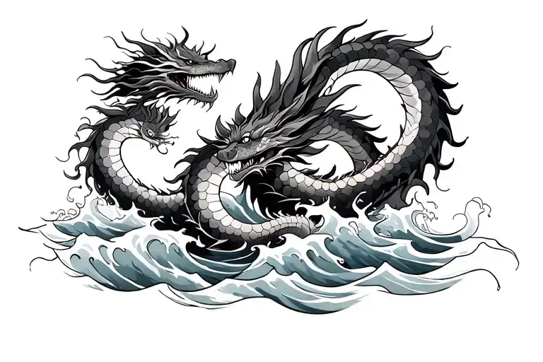 Japanese Dragon Fullbody And Sun And Water Waves Flowing