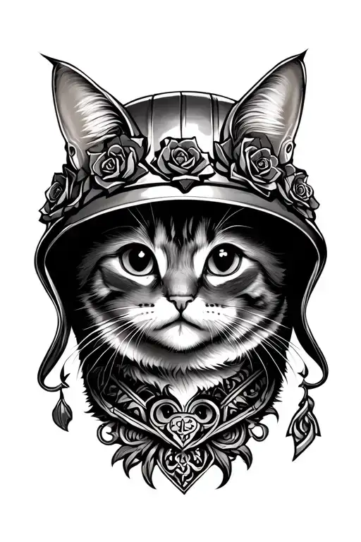 Cute Gothic Cat In A Helmet Surrounded
