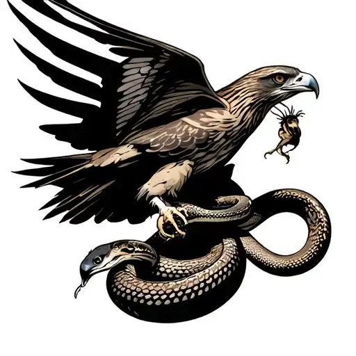 Hawk Flying With A Snake In Its Talons And The Snake Has A Mouse In Its Mouth