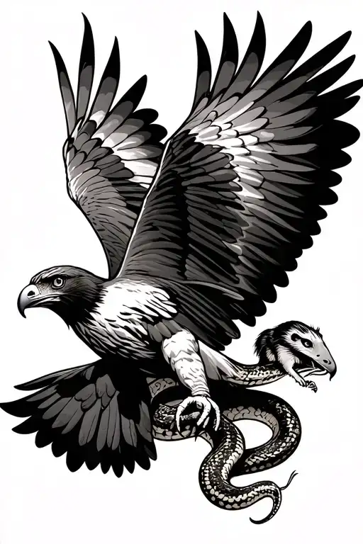 Hawk Flying With A Snake In Its Talons And The Snake Has A Mouse In Its Mouth