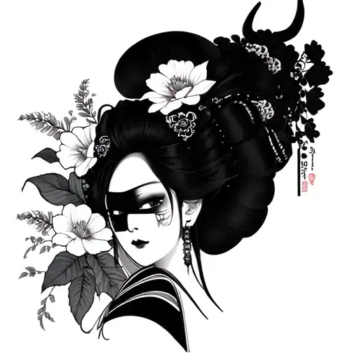 Japanese Geisha With Oni Mask And Flowers
