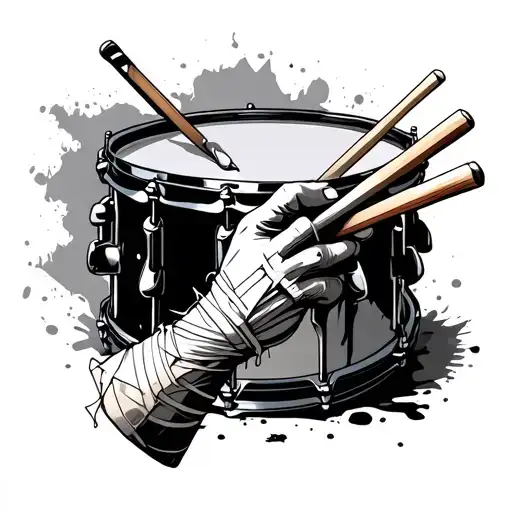 Torn Bandaged Hand Holding Drumsticks Hitting A Snare Drum