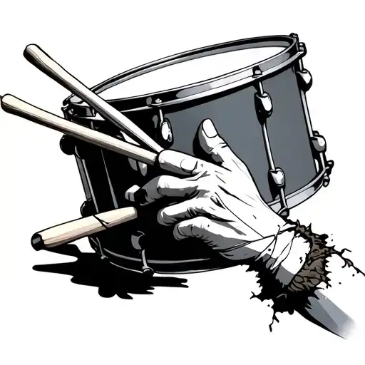 Torn Bandaged Hand Holding Drumsticks Hitting A Snare Drum