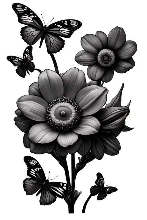 Daffodil Daisy Sweet Pea Flowers With 3 Butterflies