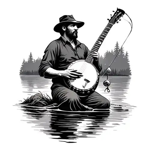 Man By River Fishingnsnd Playing Banjo