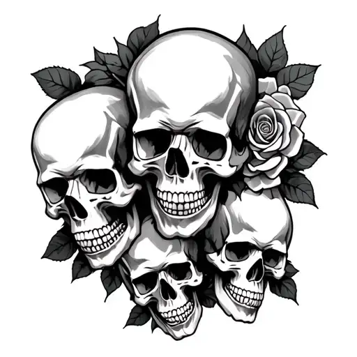 5 Skulls With A Rose In The Middle