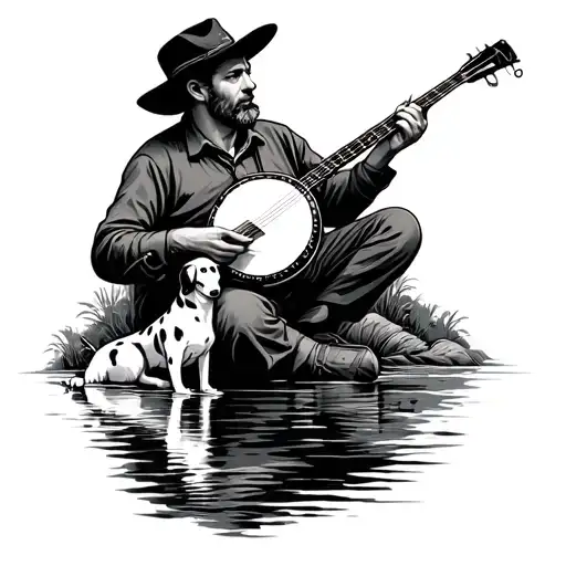 Man Sitting By River Playing Banjo And Fishing With A Dalmation Huskey Mix Dog