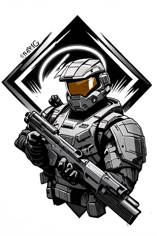 Master Chief With Smg Looking At Halo Inside A Diamond Shape