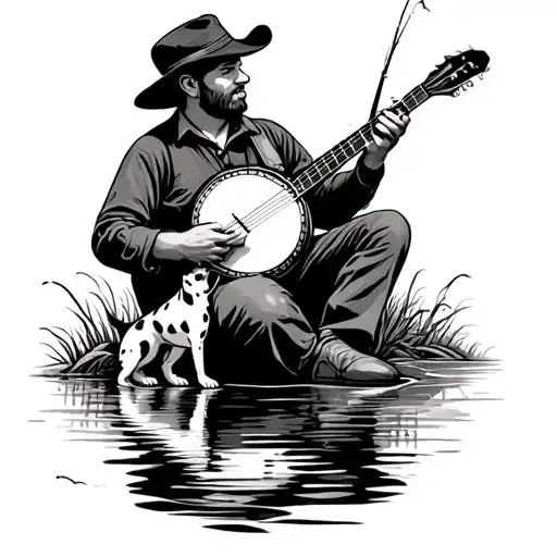 Man Sitting By River Playing Banjo And Fishing With A Dalmation Huskey Mix Dog