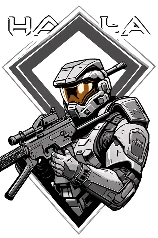 Master Chief Holding Assault Rifle Looking At Halo Inside A Diamond Shape Boarder