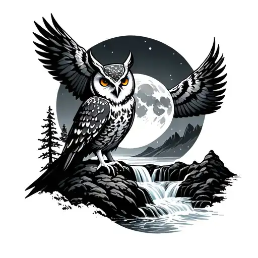Mountain Waterfall Full Moon Owl