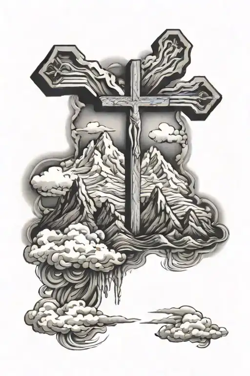 Mountain Range With Giant Cross Coming Out And The Cross Goes Through Clouds